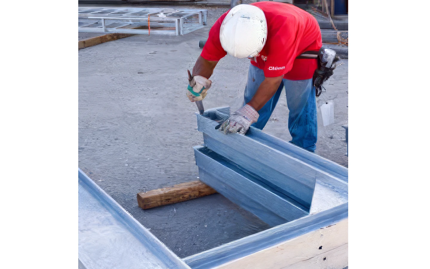 Рабочие готовят оцинкованную поверхность к нанесению порошкового покрытия, зачищая напильником все неровности, подтёки и капли, образовавшиеся в процессе цинкования.