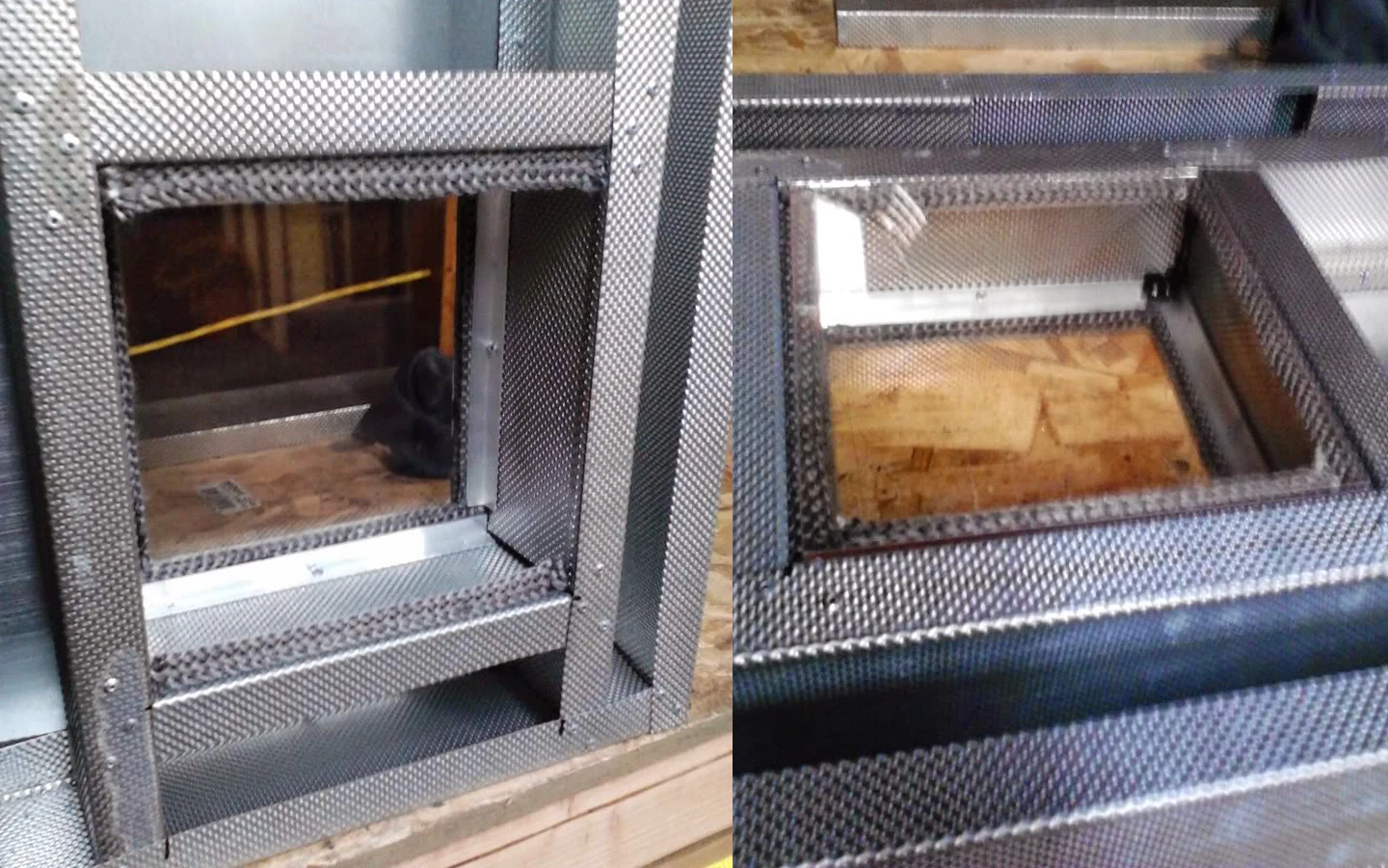 Железные уголки и стекло со внутренней стороны смотровой дверцы