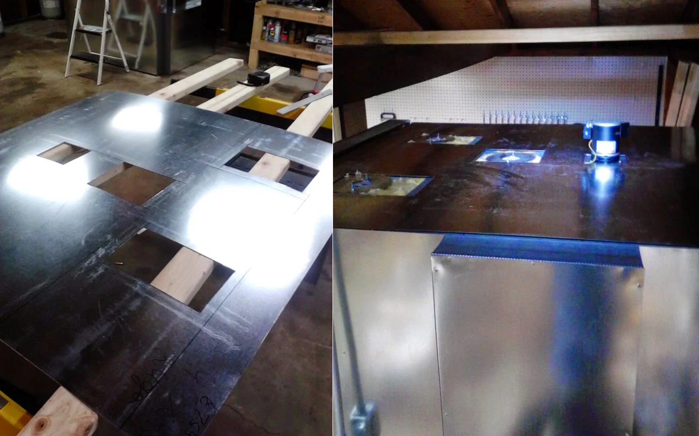 Лист металла с вырезами для освещения и вентилятора, подготовленными под обшивку верха печи для порошковой окраски